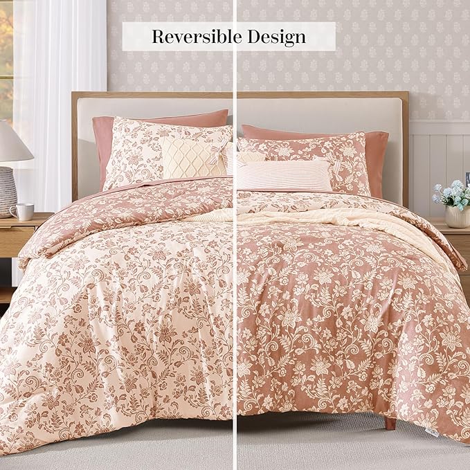 Full Comforter Set -7 Pieces Clay Pink Floral Comforter Set for All Seasons, Bed in a Bag Full with Botanical Flowers Comforter, Sheets, Pillowcases & Shams