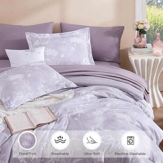 Twin XL Comforter Set -5 Pieces Floral Lavender Purple Bedding Set for All Seasons, Bed in a Bag with Botanical Flowers Comforter, Sheets, Pillowcase & Sham