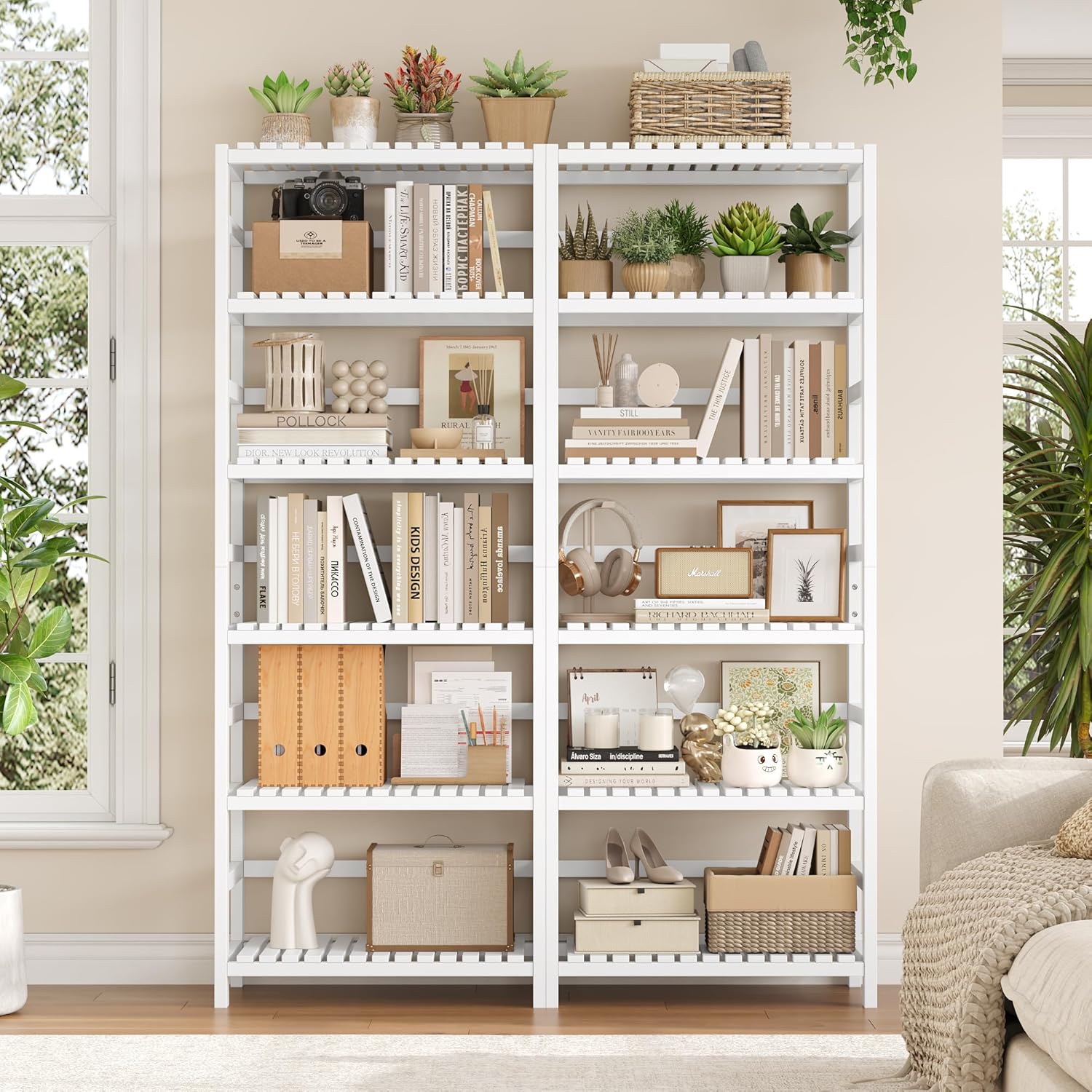 FOTOSOK 6-Tier Bamboo Shelf, Bamboo Bookcase with Adjustable Shelves, Free Standing Storage Shelf Unit, Plant Flower Stand for Bathroom, Kitchen, Home Office, White - Décor Diaries