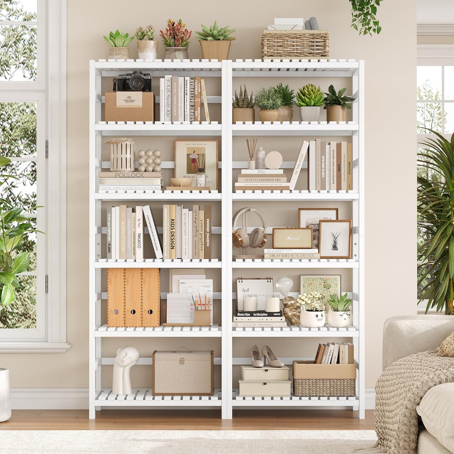 FOTOSOK 6-Tier Bamboo Shelf Set of 2, Bamboo Bookcase with Adjustable Shelves, Free Standing Storage Shelf Unit Plant Flower Stand, Tall Large White Bookshelf for Kitchen, Bathroom, Home Office, White - Décor Diaries