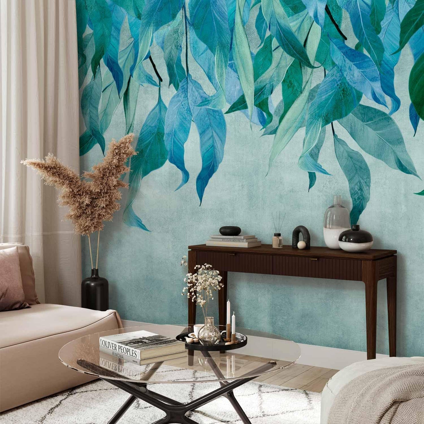 artgeist Wall Mural Hanging Leaves 118x83 in - Non-Woven Wallpaper Fleece Wall Decor Photo Print Picture Image Design Nature Botanical Concrete Green Blue b-C-10146-a-b