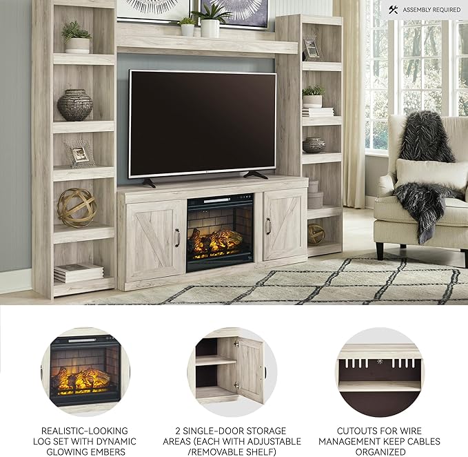 Signature Design by Ashley Bellaby Farmhouse 4-Piece Entertainment Center for TVs up to 69" with Electric Fireplace, Whitewash