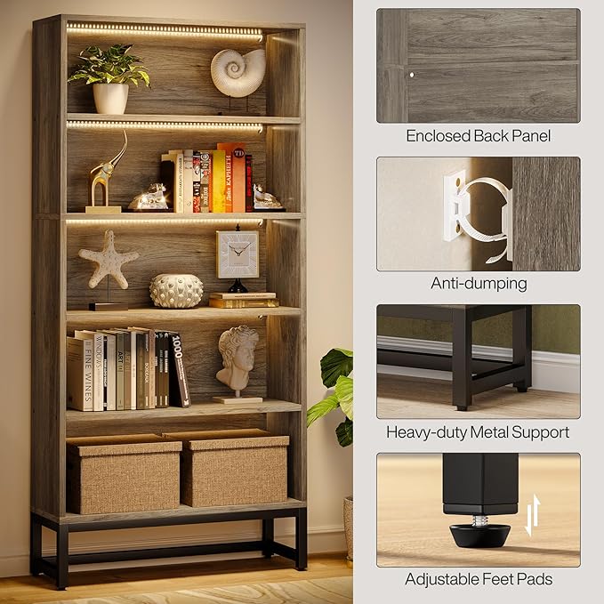 Tribesigns Tall Bookcase Bookshelf, 70.8" Large Bookcases Organizer with LED Lights, Heavy Duty Free-Standing Library Bookshelf with 5-Tier Storage Shelves for Living Room, Bedroom (Gray)