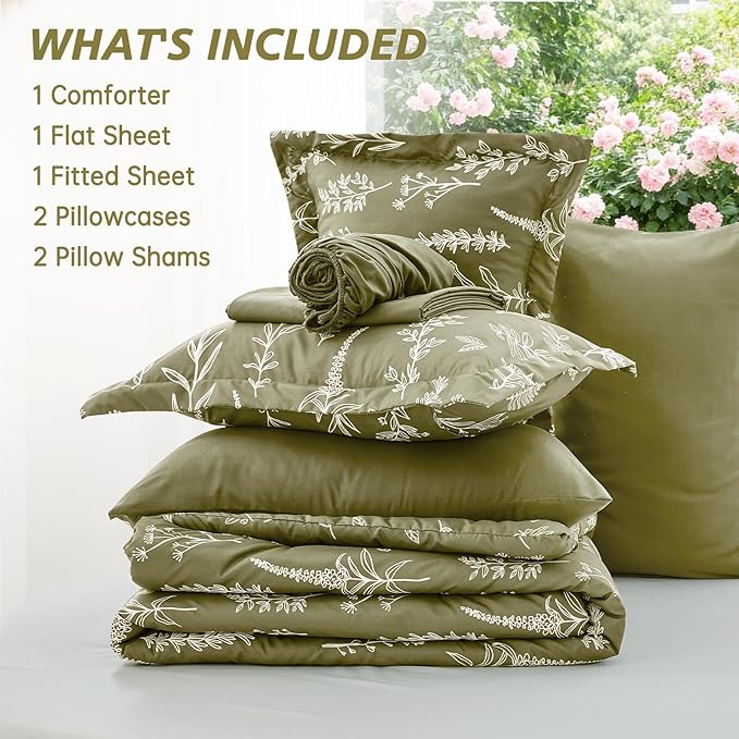 MUXHOMO Olive Green Full Comforter Set, Elegant Floral Print Bed in a Bag 7 Pieces, Ultra Soft & Breathable Reversible Botanical Pattern Bedding Set with Comforter, Sheets, Pillowcases, and Shams