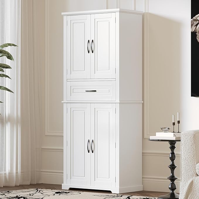 72" Storage Cabinet with Multi-Functional Rack Organizer, Tall Kitchen Cupboard Pantry for Home/Living Room/Office/Bathroom, Adjustable Shelf, White