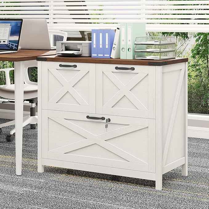 Vabches Lateral File Cabinet with 3 Drawers, Farmhouse File Cabinet with Lock for Letter/A4/Legal Size Hanging Files, Wood File Storage Cabinets Printer Stand for Home Office Cabinets, Rustic White