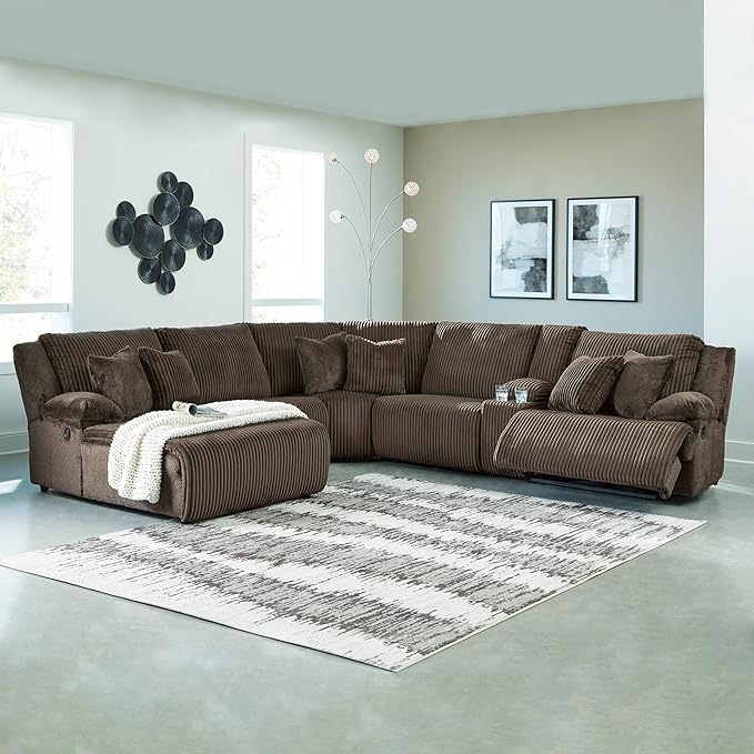 Signature Design by Ashley Top Tier Modern Right-Arm Facing 6-Piece Reclining Sectional with Chaise, Armrest, Throw Pillows and Storage, Dark Brown