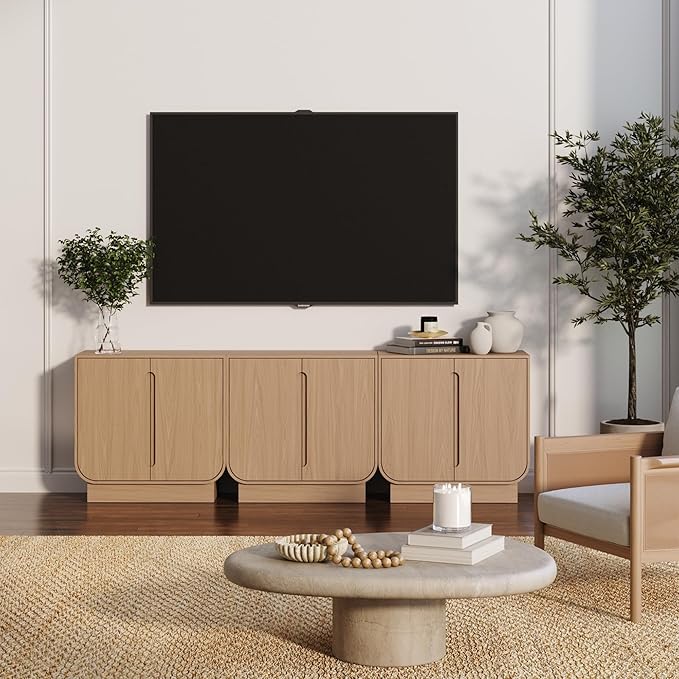 Nathan James Joey Mid Century Modern Storage Cabinet, Arched Accent Cabinet with Rounded Bottom Edges and Integrated Door Pull Cutouts, Raw Oak Set of 3