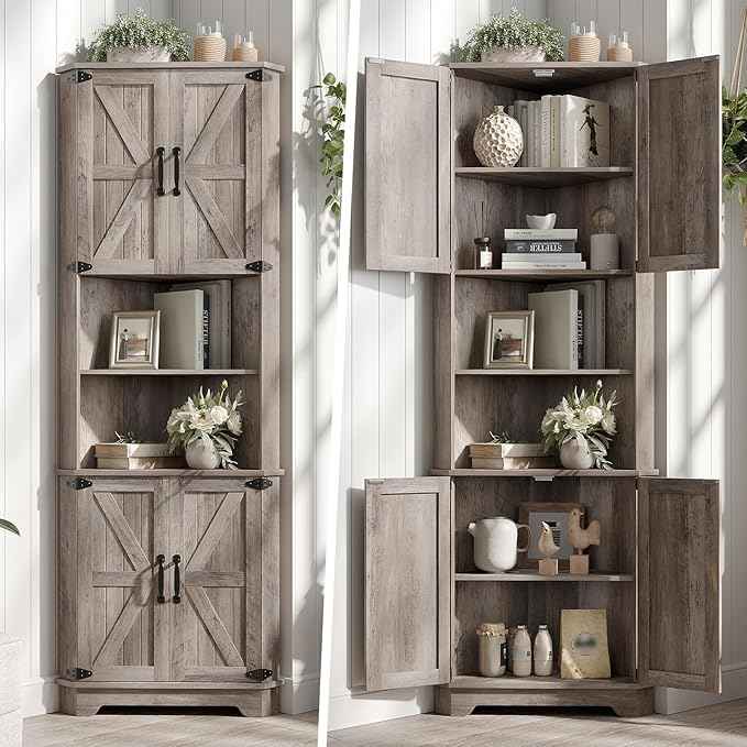Vabches 68.9" Tall Corner Cabinet, Farmhouse Style Storage Cabinet with Adjustable Shelve, Barn Door Design, Home Space Saver for Kitchen,Bathroom, Living Room, Dining Room (Grey)