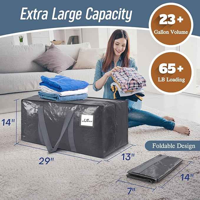 12 Pack Extra Heavy Duty Large Moving Bags with Strong Zipper & Comfortable Handles, Sturdy & Durable Clothes Storage Bags Totes Bins, Packing Moving Boxes for College Supplies, Gray
