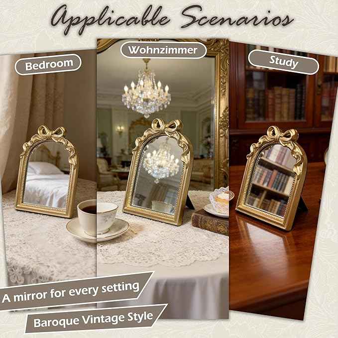 Vintage Carved Resin Desk Mirror - 8x6 Inch Decorative Vanity Mirror for Makeup, Dorm, Bedroom & Tabletop Deco (Bow Gold, 8" L x 6" W)