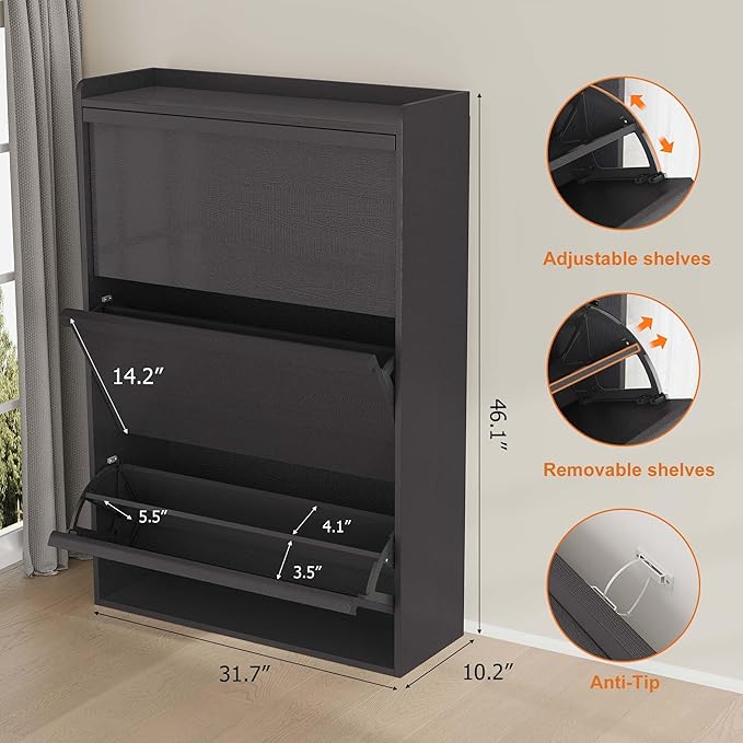 GarveeHome Shoe Cabinet with 3 Flip Drawers, Wooden Shoe Organizer Cabinet with Adjustable Shelf, Shoe Storage for Entryway, Hidden Shoe Cabinet for Hallway, Living Room, Black