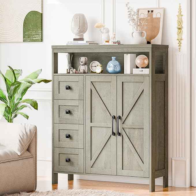 Farmhouse Storage Cabinet with 2 Doors and 4 Drawers, Freestanding Bathroom Storage Cabinet Kitchen Pantry Cabinet, Floor Cabinets Hutch Cupboard for Kitchen/Living Room/Bathroom.Grey Oak.
