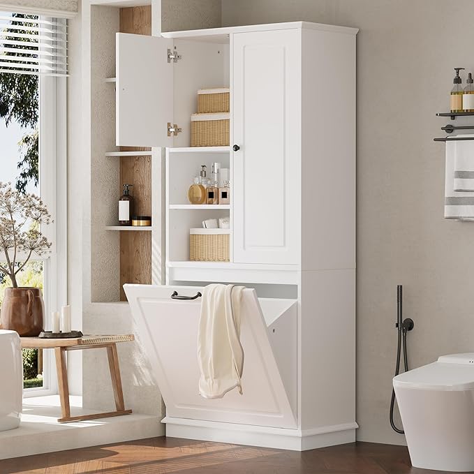68" Tall Bathroom Storage Cabinet with Two Doors and Tilt-Out Laundry Hamper for Home Display Organizer, Adjustable Shelf, White