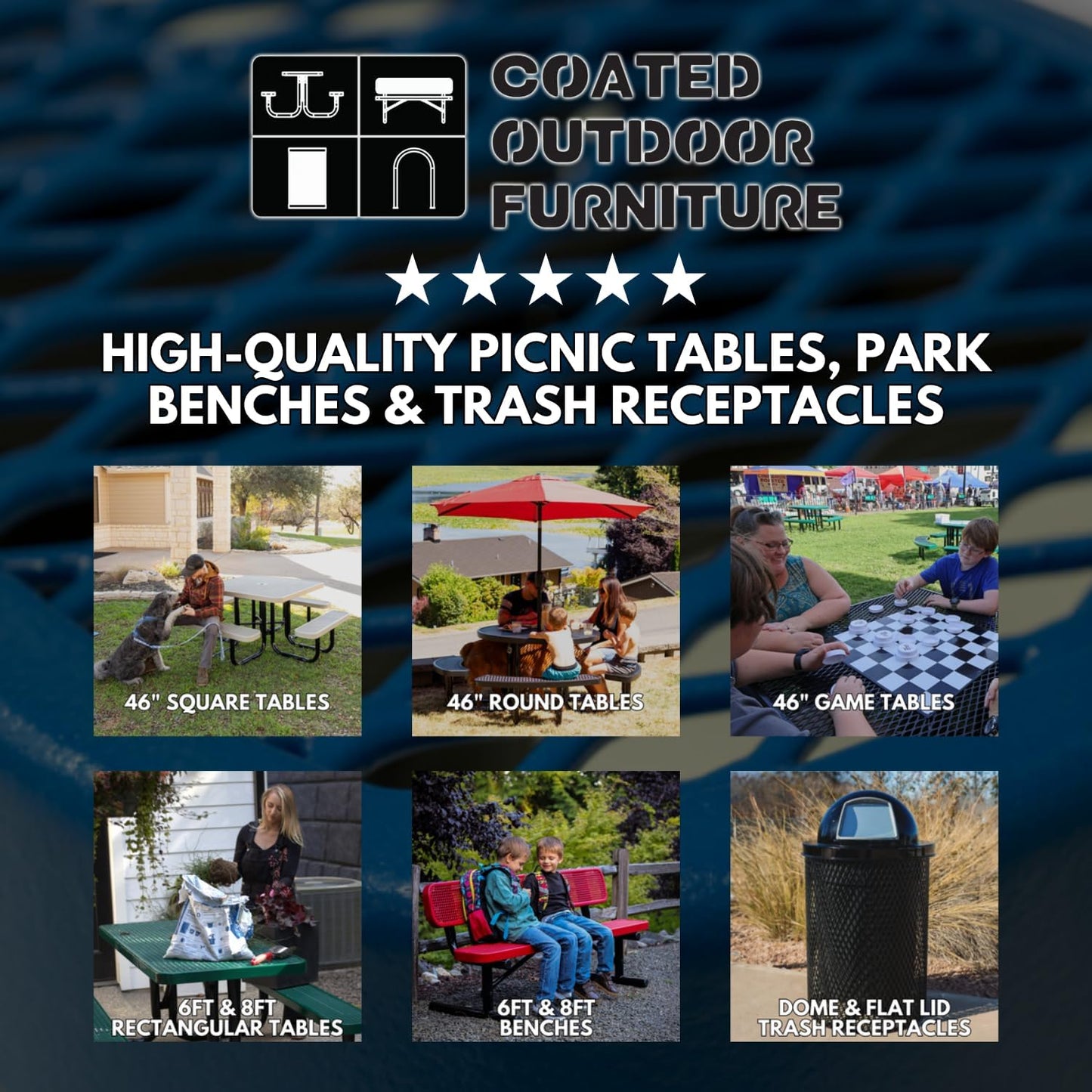 Heavy-Duty Portable Outdoor Picnic Table with Umbrella Hole, Punched Steel Commercial-Grade Patio Dining Furniture Made in America (46" Round Top, Grey)