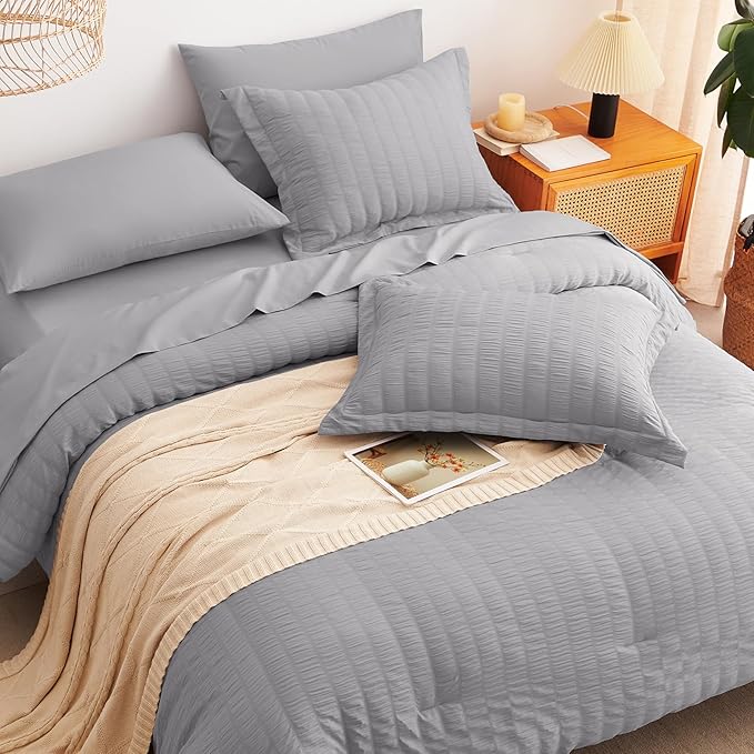 CozyLux King Size Comforter Set Grey Seersucker 7 Pieces Bed in a Bag King Comforter Set with Sheets, Gray Luxury Bedding Set with Down Alternative Comforter, Sheets, Pillowcases & Shams All Seasons