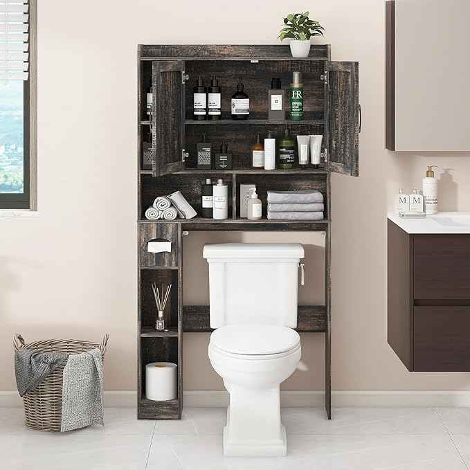 Over The Toilet Storage Cabinet, Farmhouse Storage Cabinet Over Toilet with 2 Barn Doors & Toilet Paper Holder Stand，Home Space-Saving Toilet Rack, for Bathroom, Restroom, Laundry