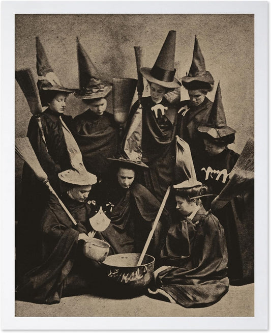 Poster Master Vintage Photograph Poster - Retro Halloween Print - Gift for Artist, Friend - Witches Cooking, Pointy Hats, Broomsticks, Black Magic - Wall Decor for Bedroom, 16x20 White Framed