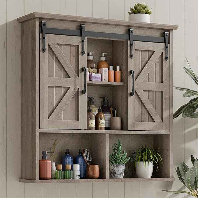 Vabches Bathroom Wall Cabinet, Farmhouse Wooden Medicine Cabinet with Double Sliding Barn Door and Adjustable Shelves, Farmhouse Storage Cabinet Wall Mounted for Bathroom, Kitchen Dining, Washed Oak