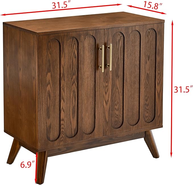 Ball & Cast 32" Mid Century Modern Sideboard Cabinet with Storage, Fluted Buffet Credenza Cabinet with Solid Wood Legs & Adjustable Shelf for Living Room, Entryway, Kitchen Coffee Bar, Walnut