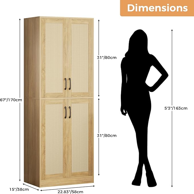 JASIWAY Kitchen Pantry Cabinet, 67" Tall Rattan Storage Cabinet with Doors and Adjustable Shelves, Wooden Linen Pantry Cupboard for Small Spaces Laundry Room Bathroom, Food Snack Towels Storage, Oak