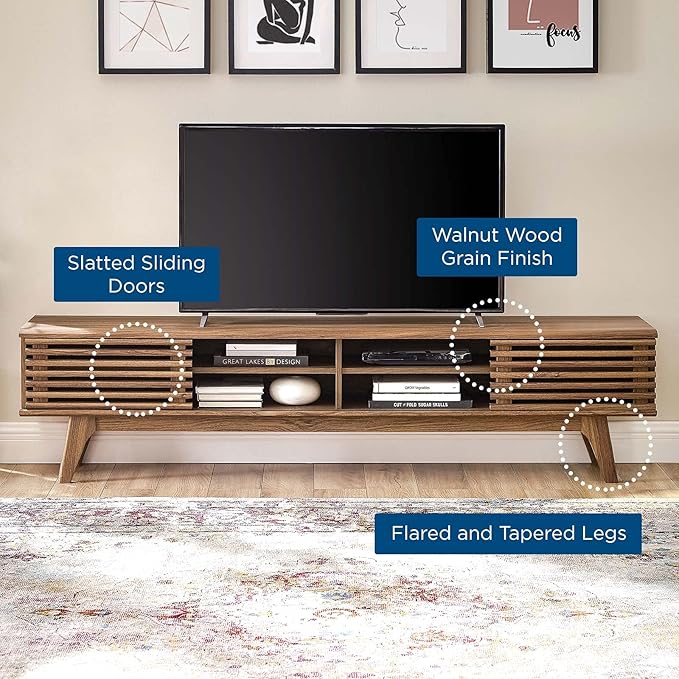 Modway Render 70" Mid-Century Modern Low Profile Media Console Entertainment TV Stand in Walnut Walnut