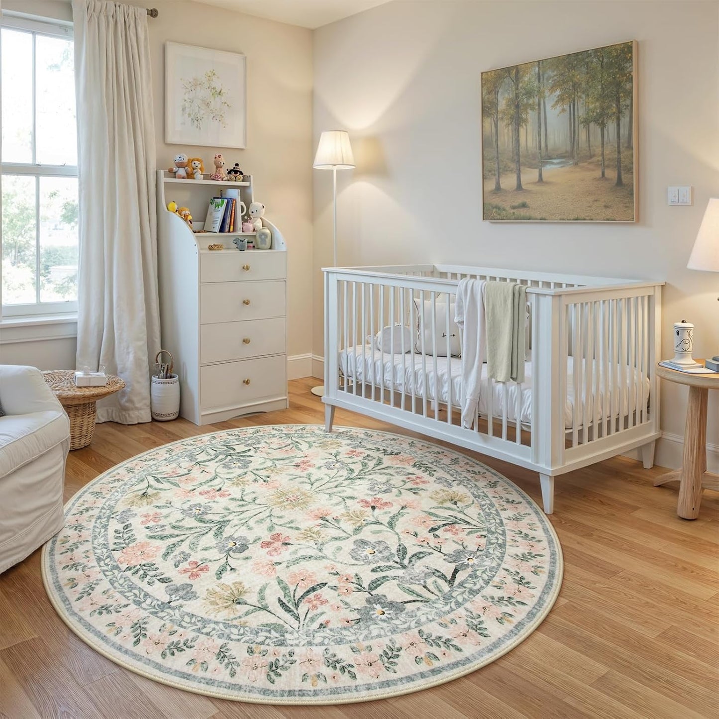 Wonnitar Floral Round Rugs 6ft, Boho Large Machine Washable Circle Rug, Low Pile Soft Flower Botanical Print Beige Round Carpet for Living Room Bedroom Dorm Sunroom