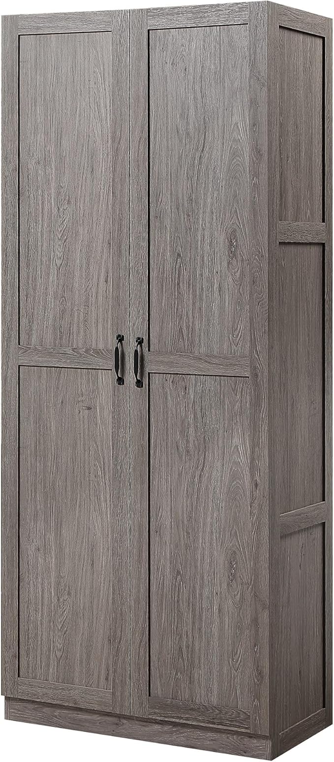 Manhattan Comfort Cornelia Modern Tall Storage Cabinet with Doors and Adjustable Shelves 1.0 - Freestanding Pantry Organizer for Kitchen, Laundry Room, Garage, or Mudroom, Set of 2, Grey