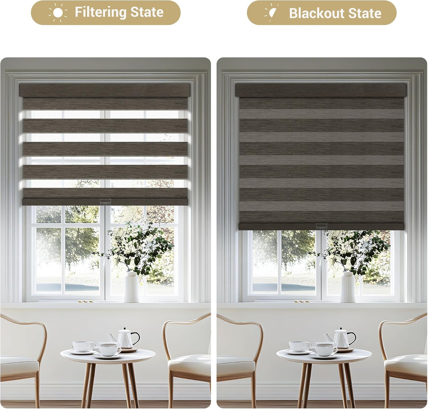 Cordless Zebra Blinds for Windows, Blackout Interior Blinds,Easy to Install,UV Protection,for Offices and Home,Custom Roller Shades, Mousse Dark Bown,48" W x 80" H