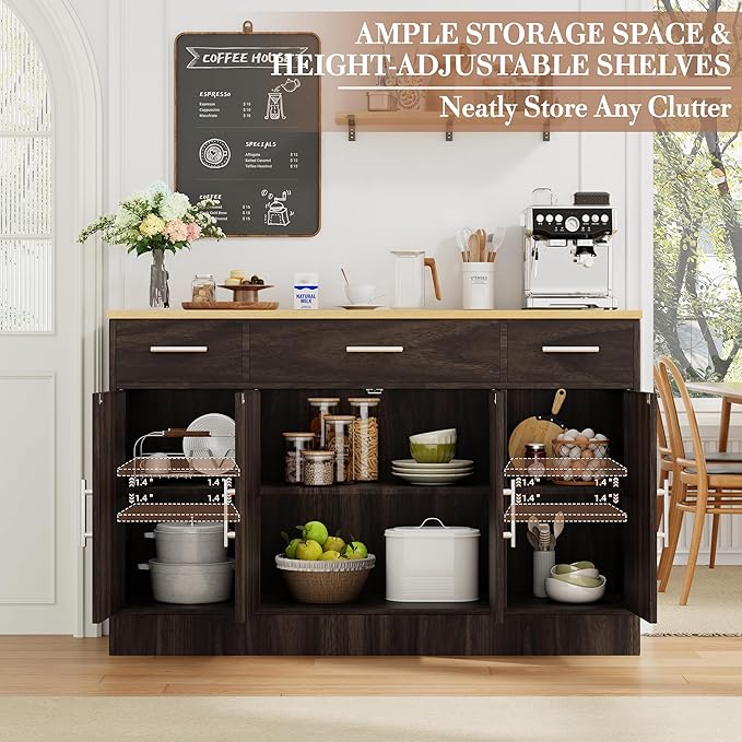 Shintenchi Buffet Cabinet with Storage,53.4" Large Kitchen Storage Cabinet with 3 Drawers and 4 Doors,Wood Farmhouse Buffet Sideboard with Adjustable Shelf for Kitchen Living Room, Brown