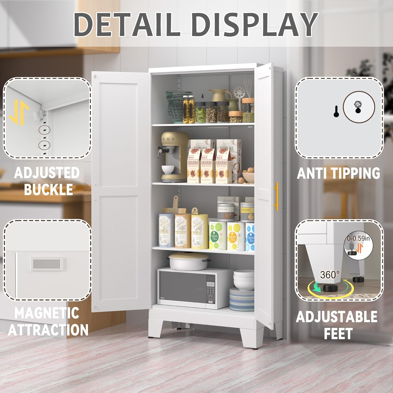 61.02" Pantry Cabinet, Kitchen Pantry Storage Cabinets with Adjustable Shelves and Feet, White Pantry Storage Cabinet for Kitchen, Dining Room, Living Room and Bathroom (White) Metal - Décor Diaries