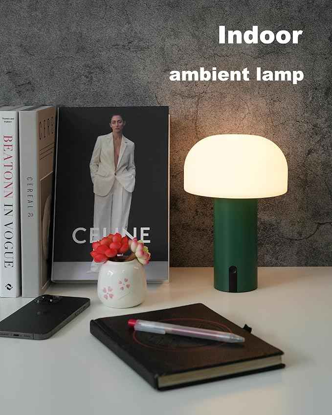 Cordless Mushroom Table Lamp, Waterproof Shower Lamp, Battery Operated Table Lamp Rechargeable, Touch Dimmable Night Light for Bedroom/Patio/Camping/Dinning/Outdoor (Green)