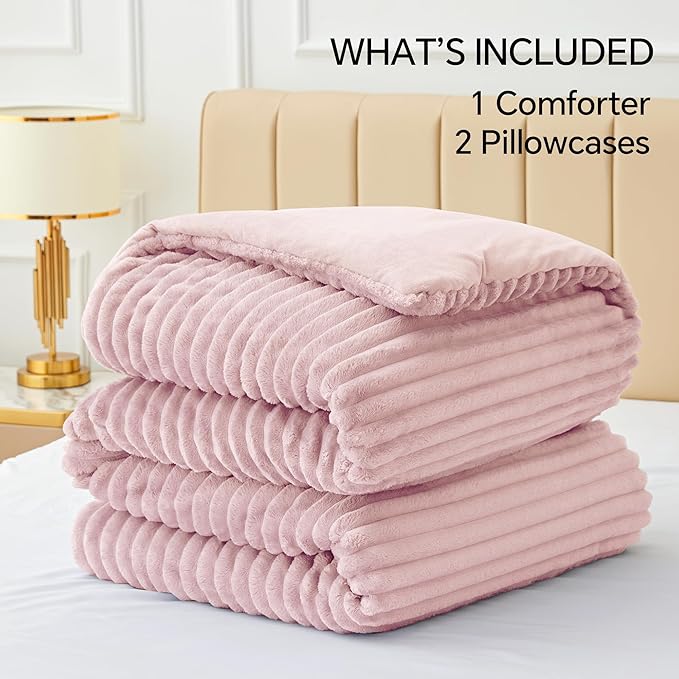 BEDELITE Fleece Full Comforter Set -Super Soft & Warm Fluffy Pink Bedding, Luxury Fuzzy Heavy Bed Set for Winter with 2 Pillow Cases
