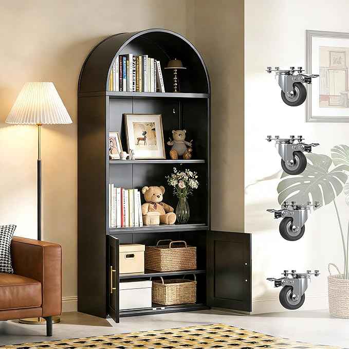 Metal Arched Bookcase with Wheels, Black Arched Bookshelf with 2 Adjustable Shelf for Home Office Living Room,Required Assembly