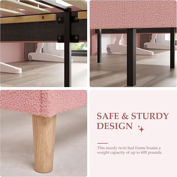 VECELO Twin Size Bed Frame Set of 2, Upholstered Platform Bedframe with Height Adjustable Plush Fabric Headboard, Strong Wood Slat Supports, No Box Spring Needed, Pink