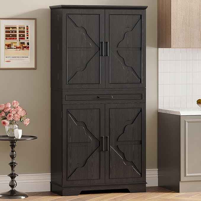 IRONCK Farmhouse Kitchen Pantry Cabinet, 72" Height Tall Freestanding Cupboard with Sliding Storage Rack and 6 Hanging Shelves for Kitchen, Dining Room, Black