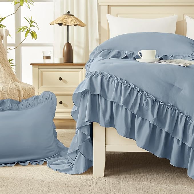 Andency Grayish Blue California King Comforter Set, 3 Pieces Farmhouse Shabby Chic Bedding Comforter Sets, Lightweight Fluffy Soft Microfiber All Season Bed Set(104x96In Comforter)
