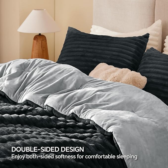 BEDELITE Fleece Twin Comforter Set -Super Soft & Warm Fluffy Black Bedding, Luxury Fuzzy Heavy Bed Set for Winter with 1 Pillow case