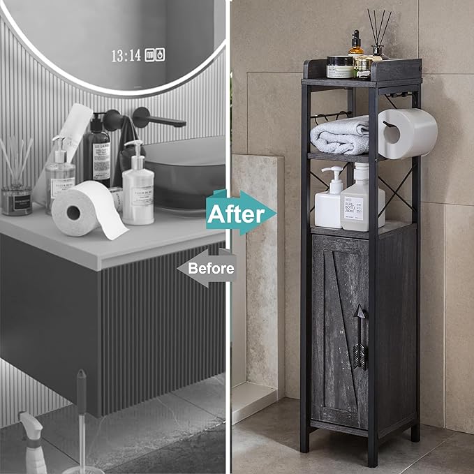 VECELO Small Bathroom Cabinet,Slim Toilet Paper Holder with Door&2 Shelves, Upgraded Narrow Storage Organizer for Restroom Bathroom Tiny Space,Metal Scroll Fenced Top Waterproof Coating,Gray