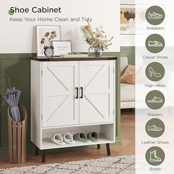 Vabches Farmhouse Shoe Storage Cabinet with Doors, 5 Tier Small Shoe Cabinet with Adjustable Shelves and Metal Legs, 34" Tall Shoe Rack Organizer for Entryway, Foyer, White