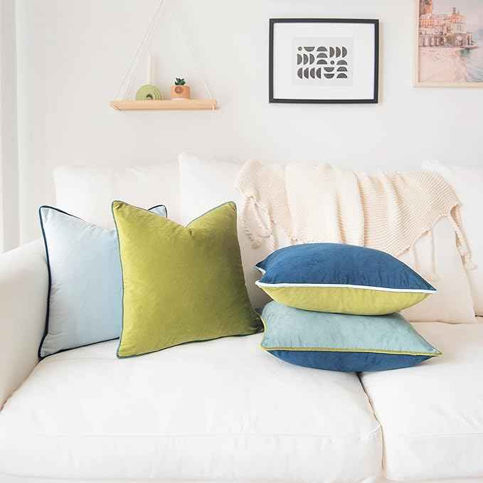 MONDAY MOOSE Decorative Throw Pillow Covers Cushion Cases, Set of 4 Soft Velvet Modern Double-Sided Designs, Mix and Match for Home Decor, Pillow Inserts Not Included (18x18 inch, Green/Blue)