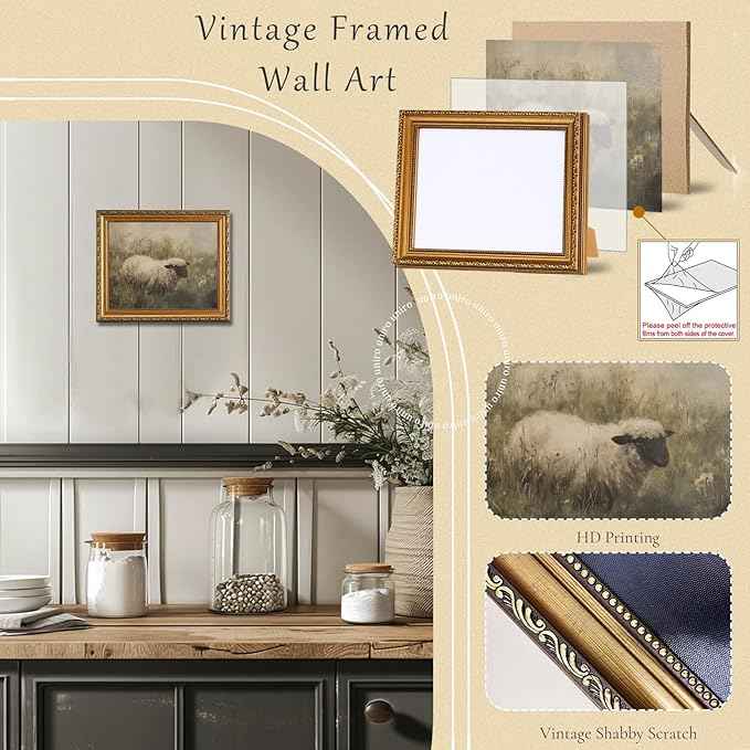 uniro Vintage Gold Framed Wall Art, Rustic Sheep Landscape Canvas Art Prints Painting, Moody Summer Countryside Sheep Pasture Picture Wall Decor, Rustic Animal Frame Art for Bedroom, Gallary, Living Room, Office, Farmhouse Cabin Decor- 8x10Inch