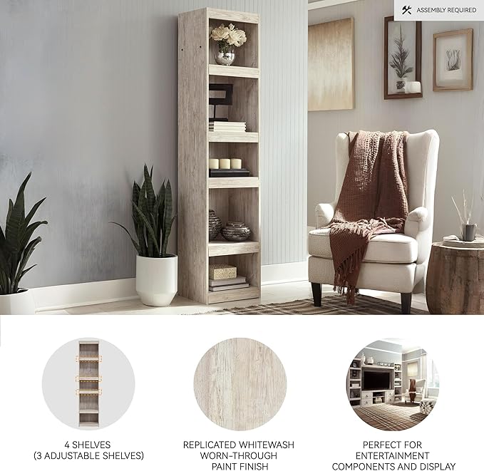 Signature Design by Ashley Willowton Coastal Entertainment Center Pier Bookcase with 3 Adjustable Shelves, Whitewash