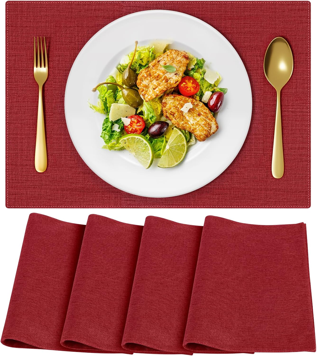 Cloth Placemats, Set of 4 Heat-Resistant Cotton Linen Blend Double Layered Machine Washable Place Mats, Wrinkle Free Thick Fabric Dining Table Mats for Indoors & Outdoors (Burgundy, 4)