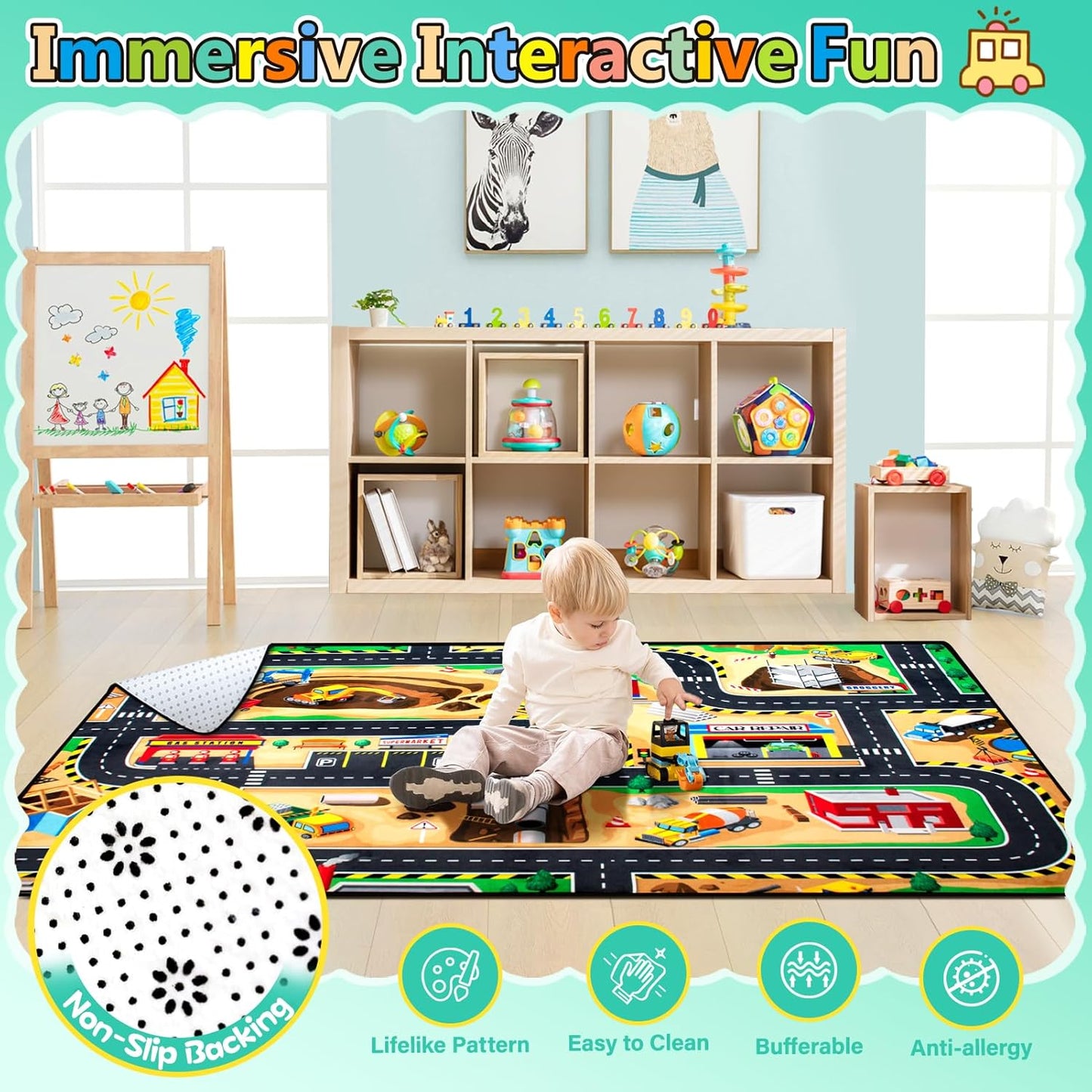 Kids 4x6 Ft Construction Site Play Rug, Baby Play Mat, Tufted Wool & Rubber, Non-Slip, Stain & Fade Resistant, Machine Washable, Rustic Cartoon Construction Site Pattern