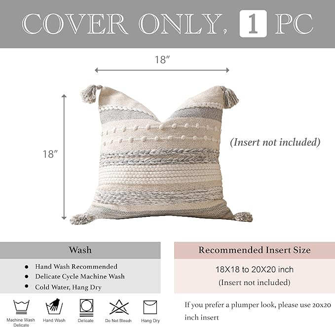 BlissBlush Gray Boho Decorative Throw Pillow Cover 18x18 Square Farmhouse Accent Cushion for Couch Sofa Livingroom Bedroom Pillowcase Modern Home Décor (Pack of 1)