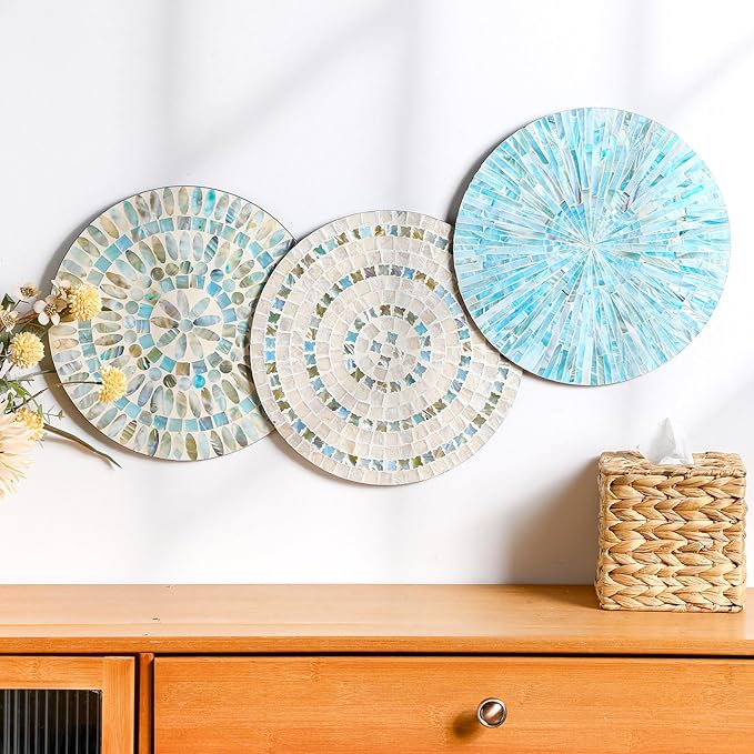 Tioncy 3 Pcs 11.8 Inches Spring Summer Blue Mother of Pearl Shell Plate Coastal Wall Art Mosaic Wall Sculpture Shell Handmade Hanging Plates Arts for Bedroom Bathroom Home Office Hotel