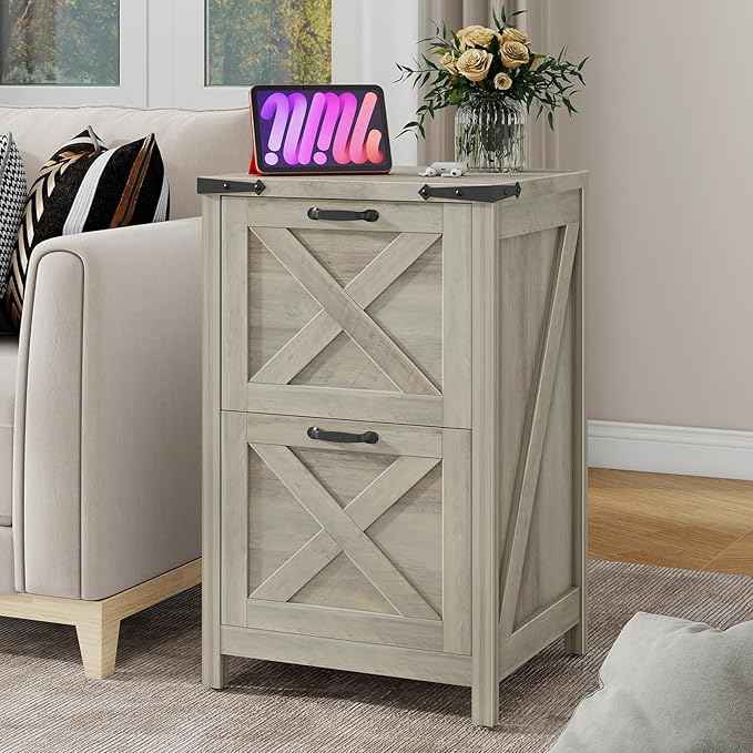 Vabches Vertical File Cabinet with 2 Drawers, Wooden Farmhouse Filing Cabinet for Letter/A4 Size Hanging Files, Under Desk Printer Stand with Storage for Home Office, Grey