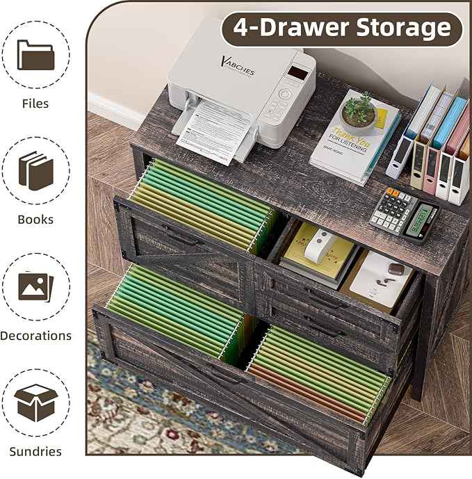 Vabches 4-Drawer Wood Lateral File Cabinet for Hanging Files Letter/A4/Legal Size, Large Farmhouse File Cabinets for Home Office, Printer Stand with Office Cabinets, Office Furniture, Dark Rustic Oak