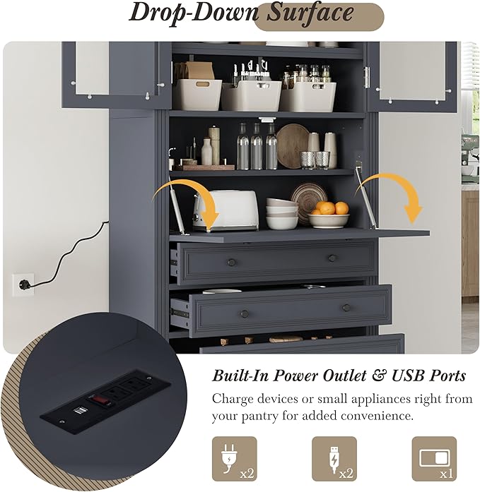 Merax 78 Inch Extra-Tall Freestanding Kitchen Pantry Storage Cabinet, Multifunctional Cupboard with 3 Drawers, Adjustable Shelves & Power Outlet Drop-Down Surface for Dining and Living Room, Grey
